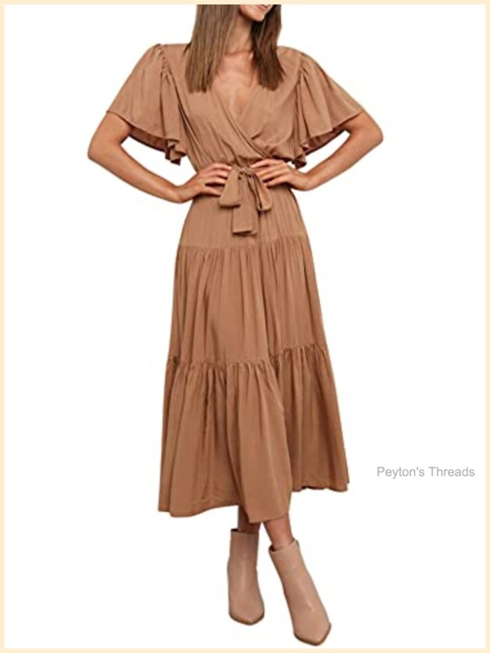Womens Cotton Rayon A-Line Midi Dress Ruffle V-Neck Short Sleeve Casual
